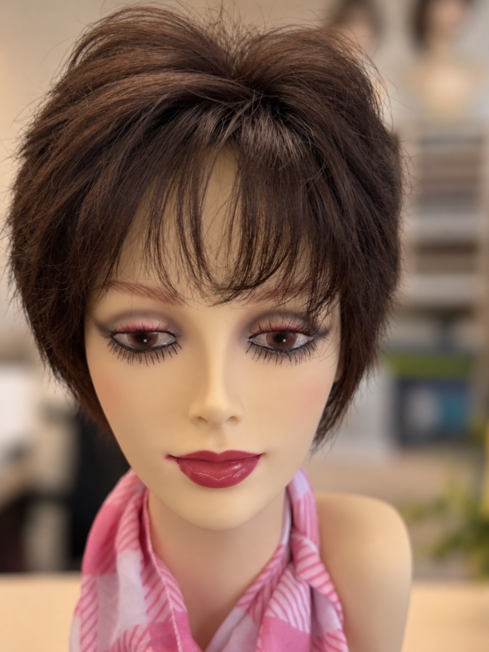 Brown human hair wig, short pixie cut, chemotherapy and alopecia wig